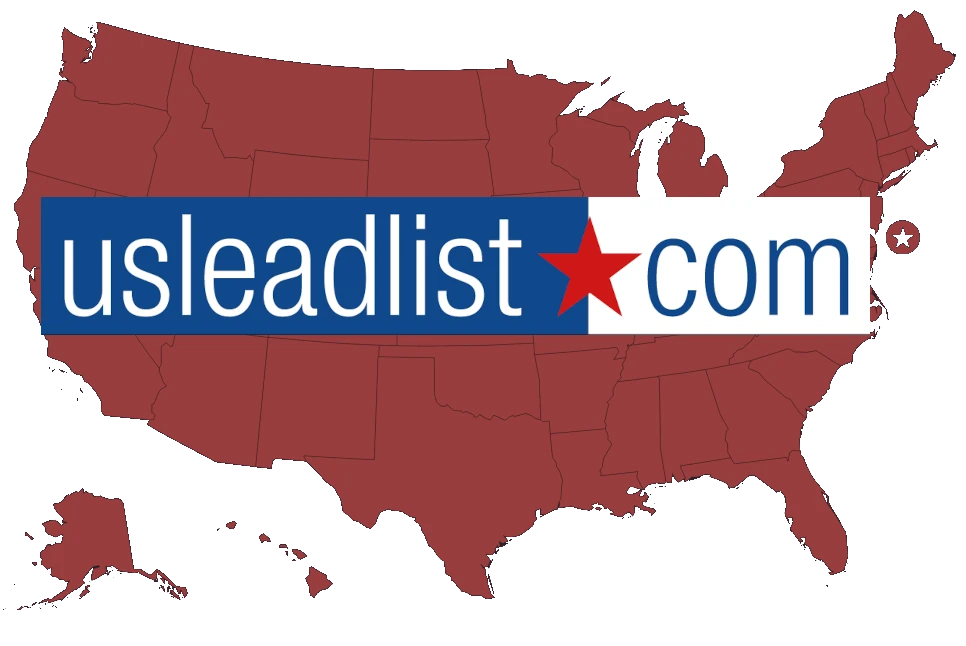 A map of the United States with the USLeadList logo super imposed