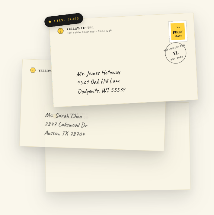Yellow Letter direct-mail envelopes, addressed and stamped first class