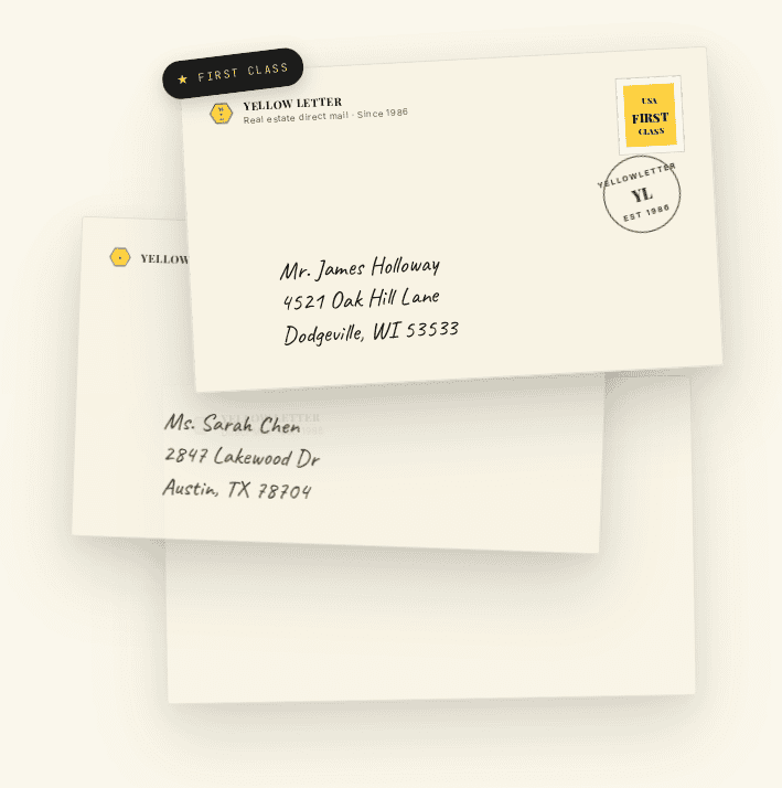 Yellow Letter direct-mail envelopes, addressed and stamped first class